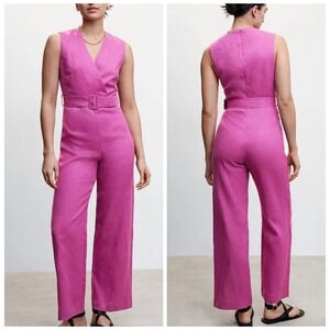 MNG Mango Nalita Linen Wrap-Style Sleeveless Jumpsuit Fuchsia Purple Belted XL